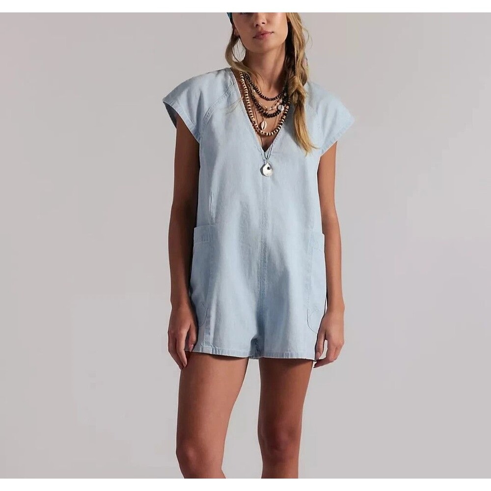 Free People We The Free Fall Denim Romper V-Neck Oversized Cotton Water L 288853